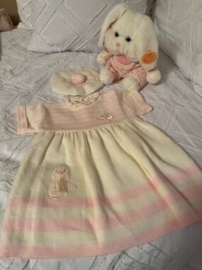 Cream & Pink Knit Girls' Dress with Matching Beret